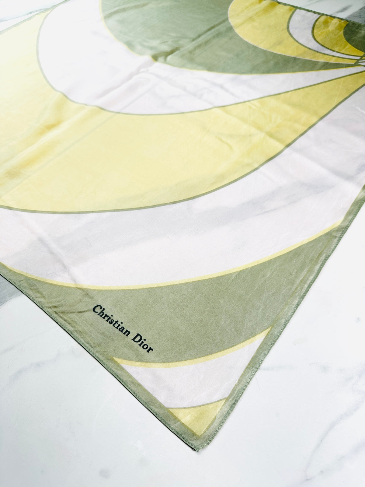 Authentic vintage silk scarf Christian Dior in yellow and green with graphic pattern