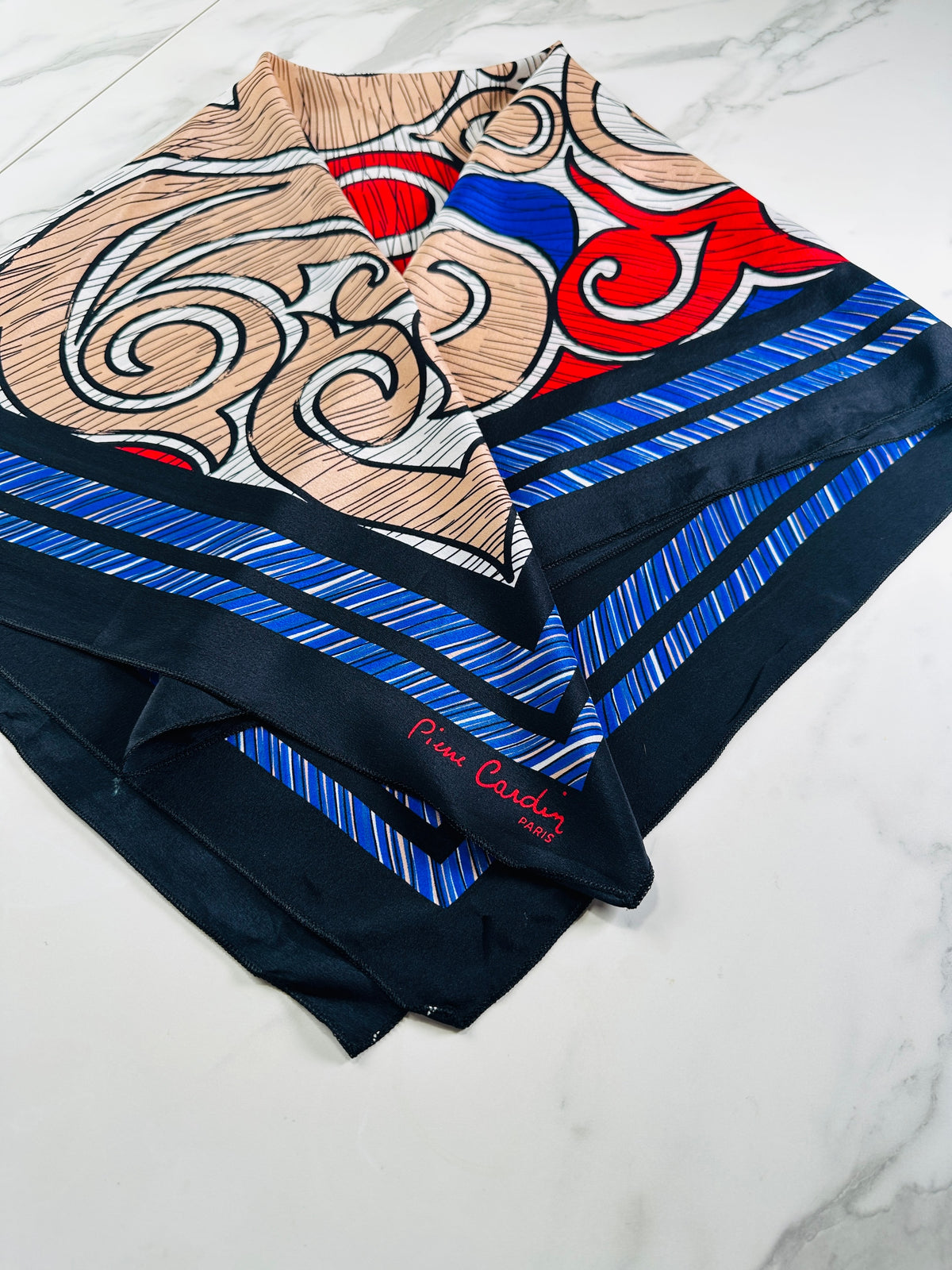 Large square Pierre Cardin in blue and red with authentic vintage abstract pattern
