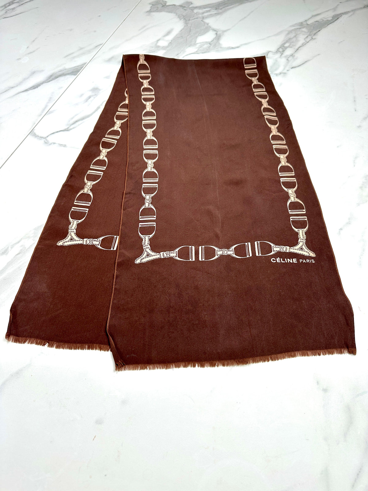 Céline Vintage Authentic Silk Scarf Equestrian Pattern Brown and Beige