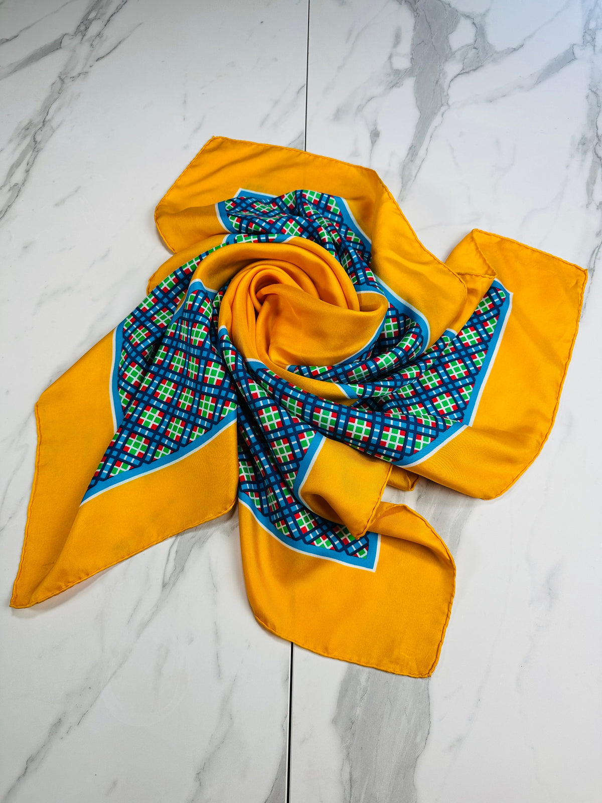 Authentic Vintage Yves Saint Laurent Silk Scarf with Geometric Pattern in Yellow and Blue