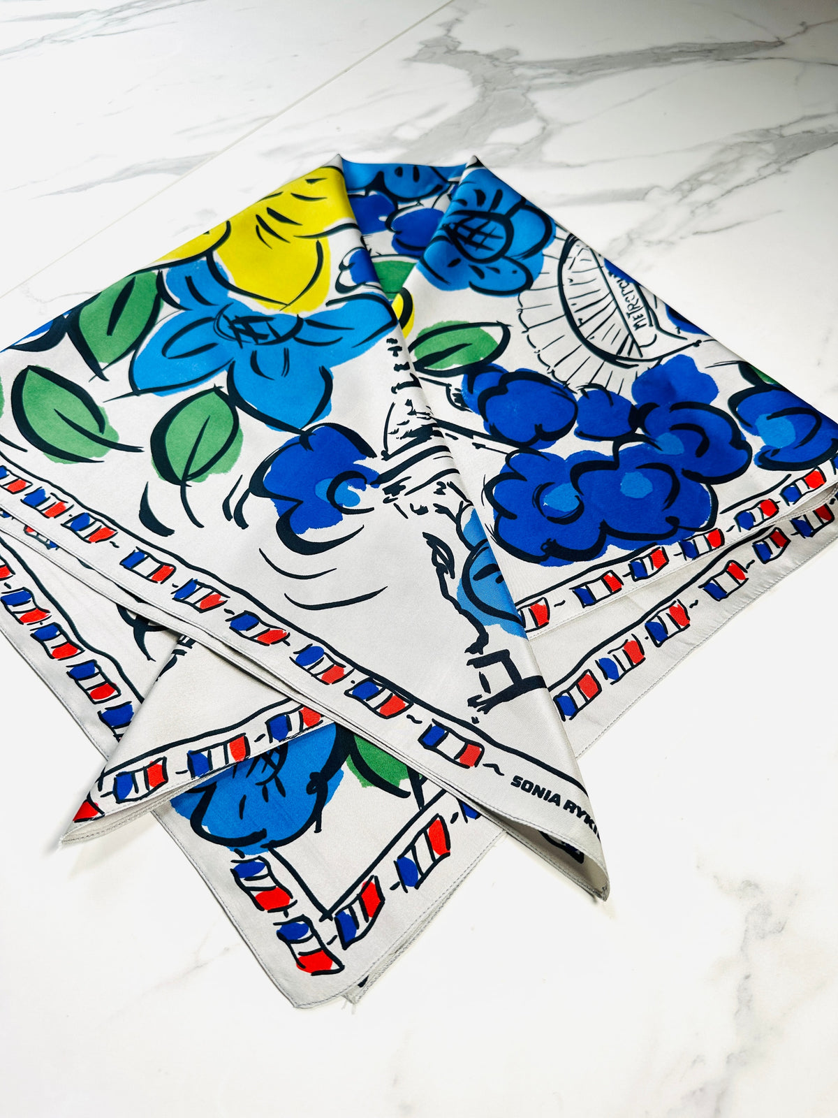 Large silk scarf Sonia Rykiel white and blue vintage floral pattern authentic