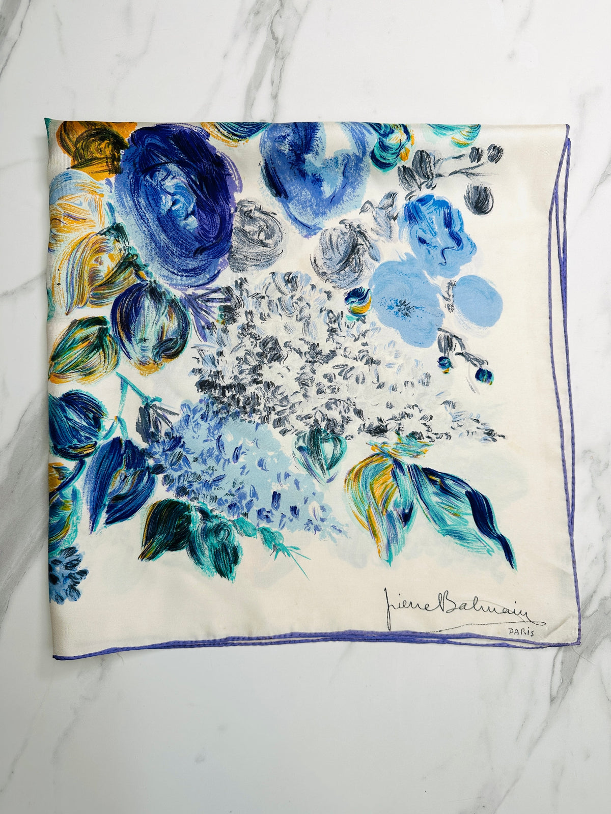 Authentic Vintage Silk Scarf Pierre Balmain Cream and Blue with Floral Pattern