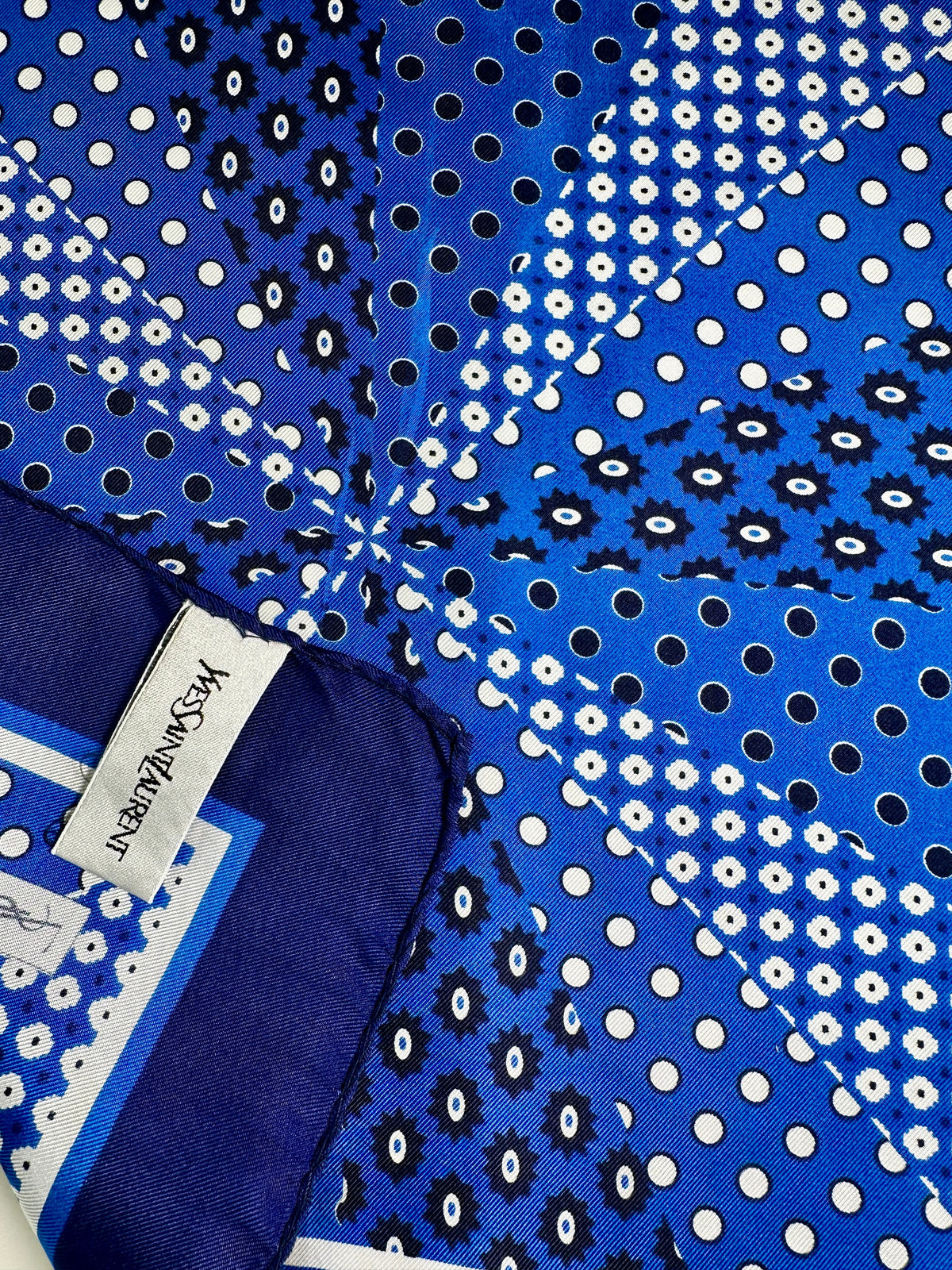 Authentic Vintage YSL Silk Scarf in Dark Blue and White Geometric Pattern