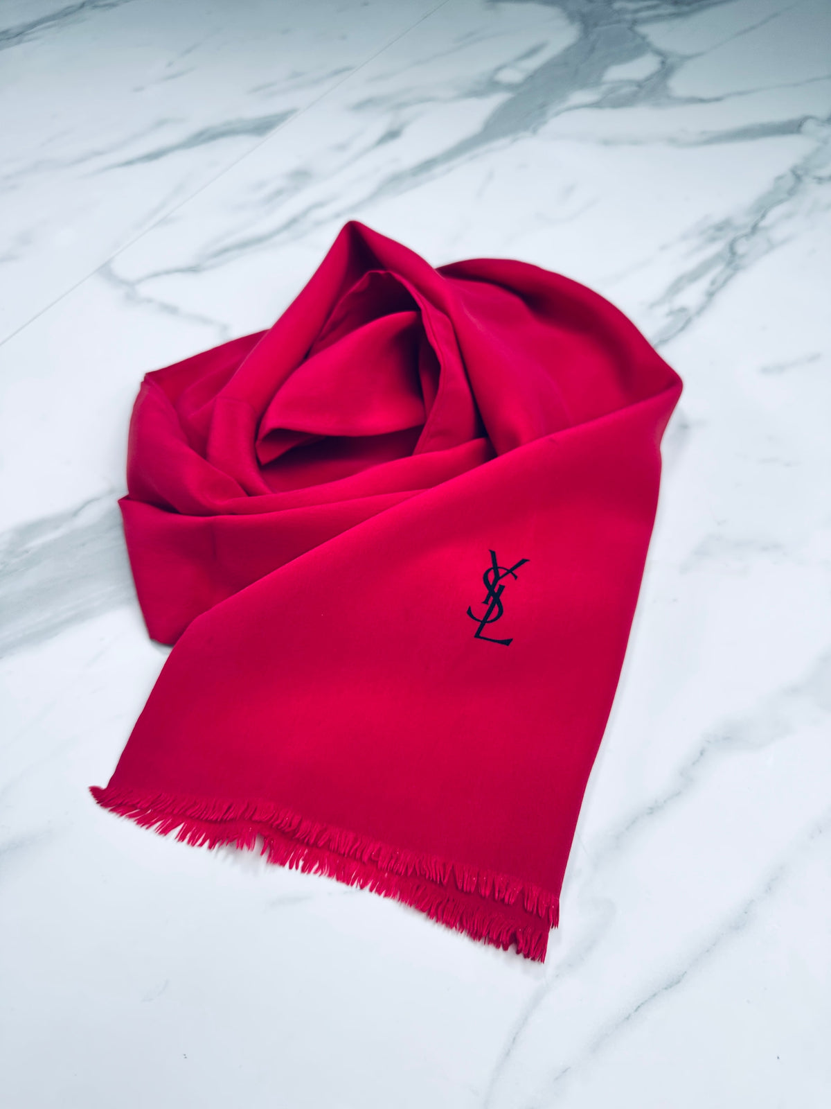 Authentic Vintage Yves Saint Laurent Raspberry Silk Scarf with Logo Pattern