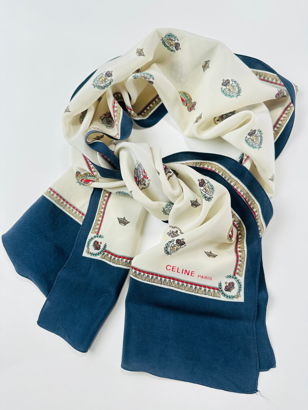 Silk scarf Céline in cream and navy with authentic vintage coat of arms pattern