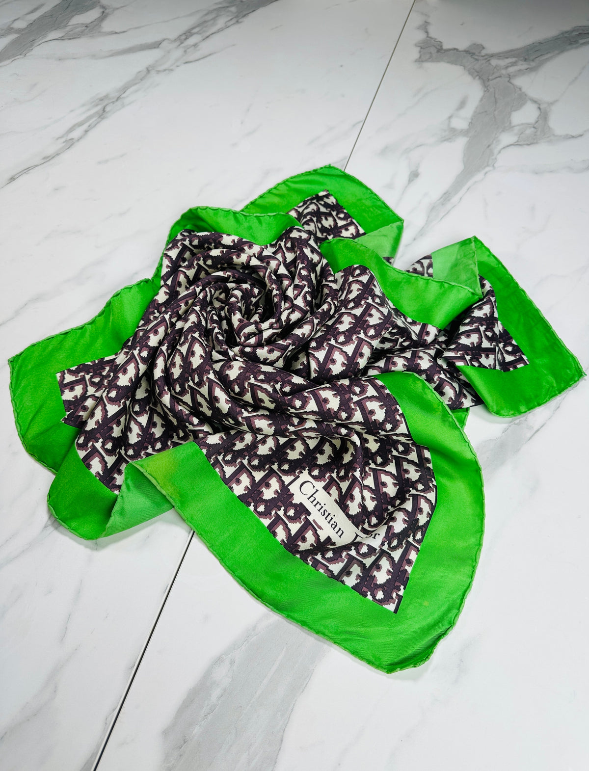 Christian Dior Silk Satin Square in Green and Black Vintage Geometric Pattern