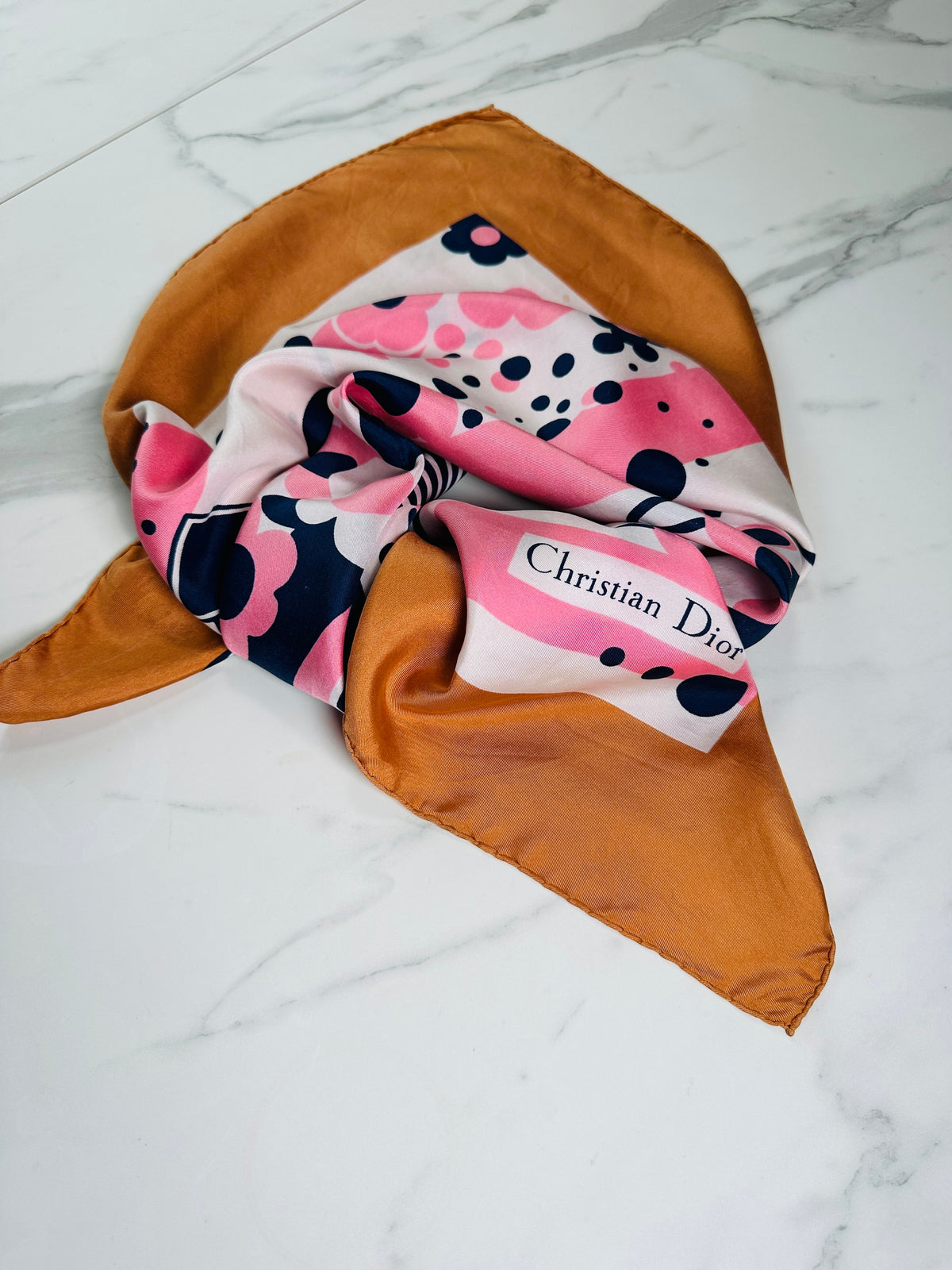 Foulard en soie vintage authentique Christian Dior à motif floral bronze, rose et bleu