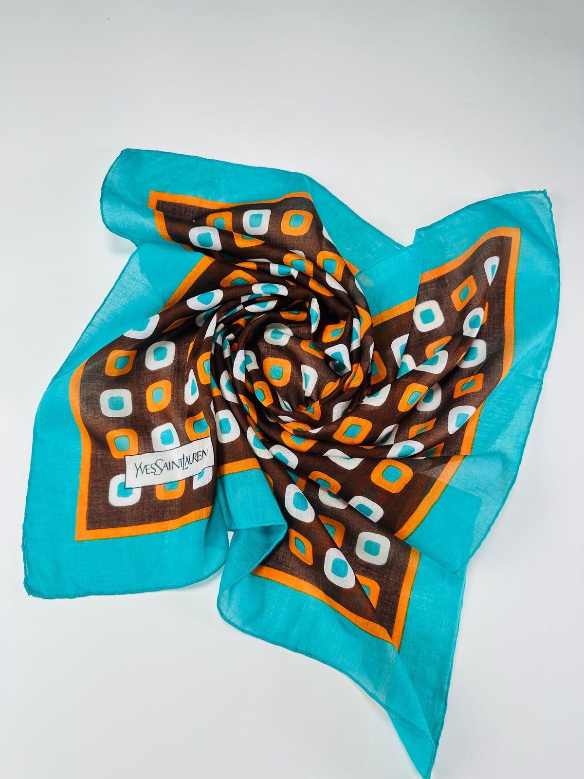 Silk Scarf Yves Saint Laurent in Brown and Turquoise with Vintage Geometric Pattern