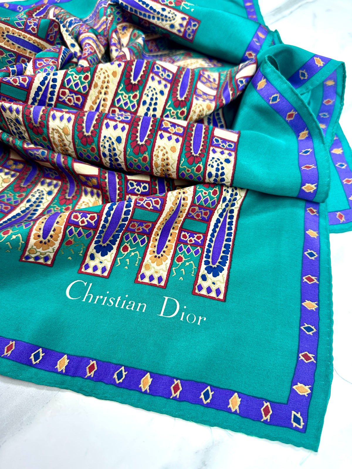Christian Dior Silk Scarf in Emerald Green and Purple Vintage Geometric Pattern