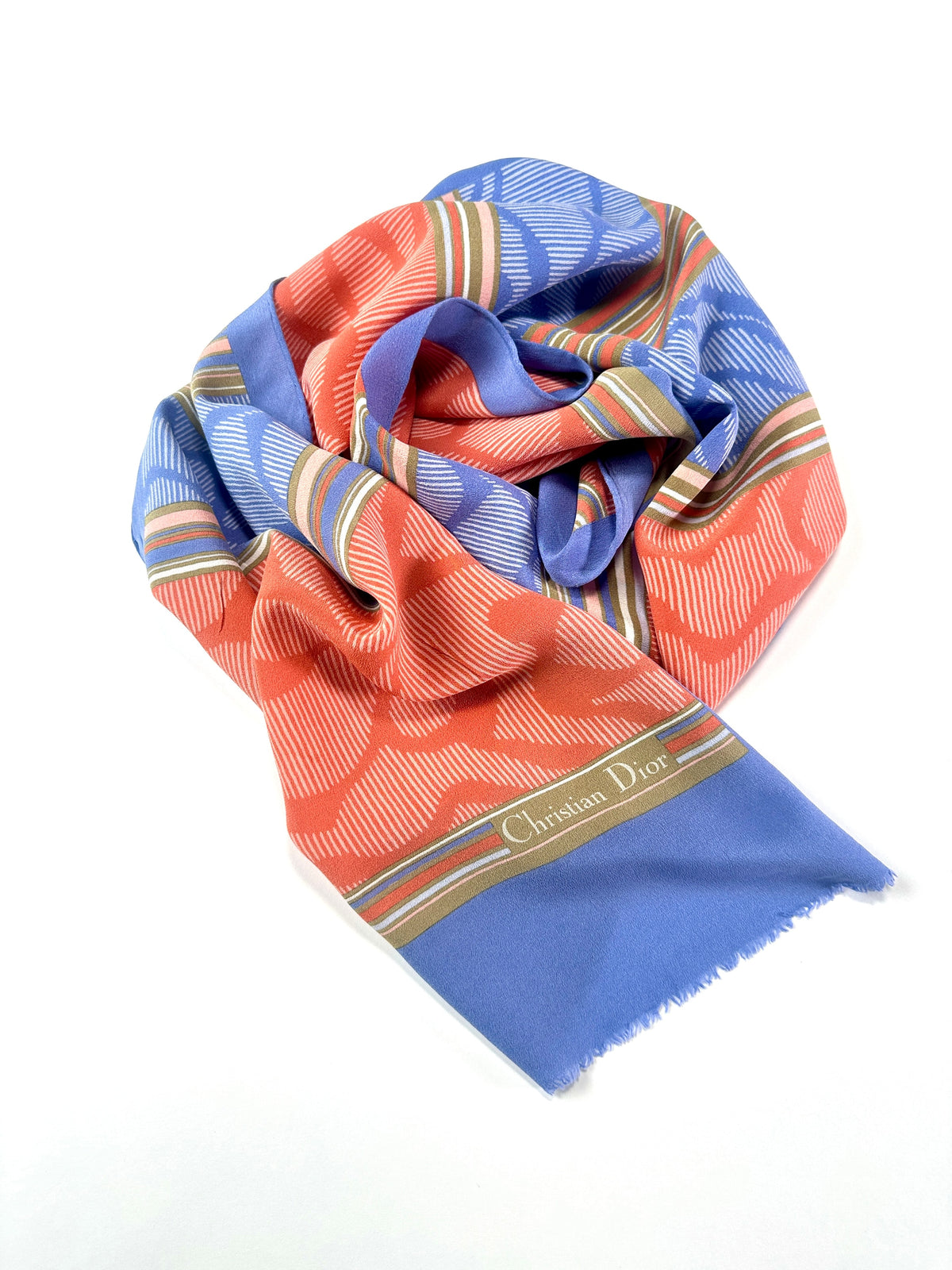 Foulard Christian Dior en soie bleu et orange motif abstrait japonais vintage authentique