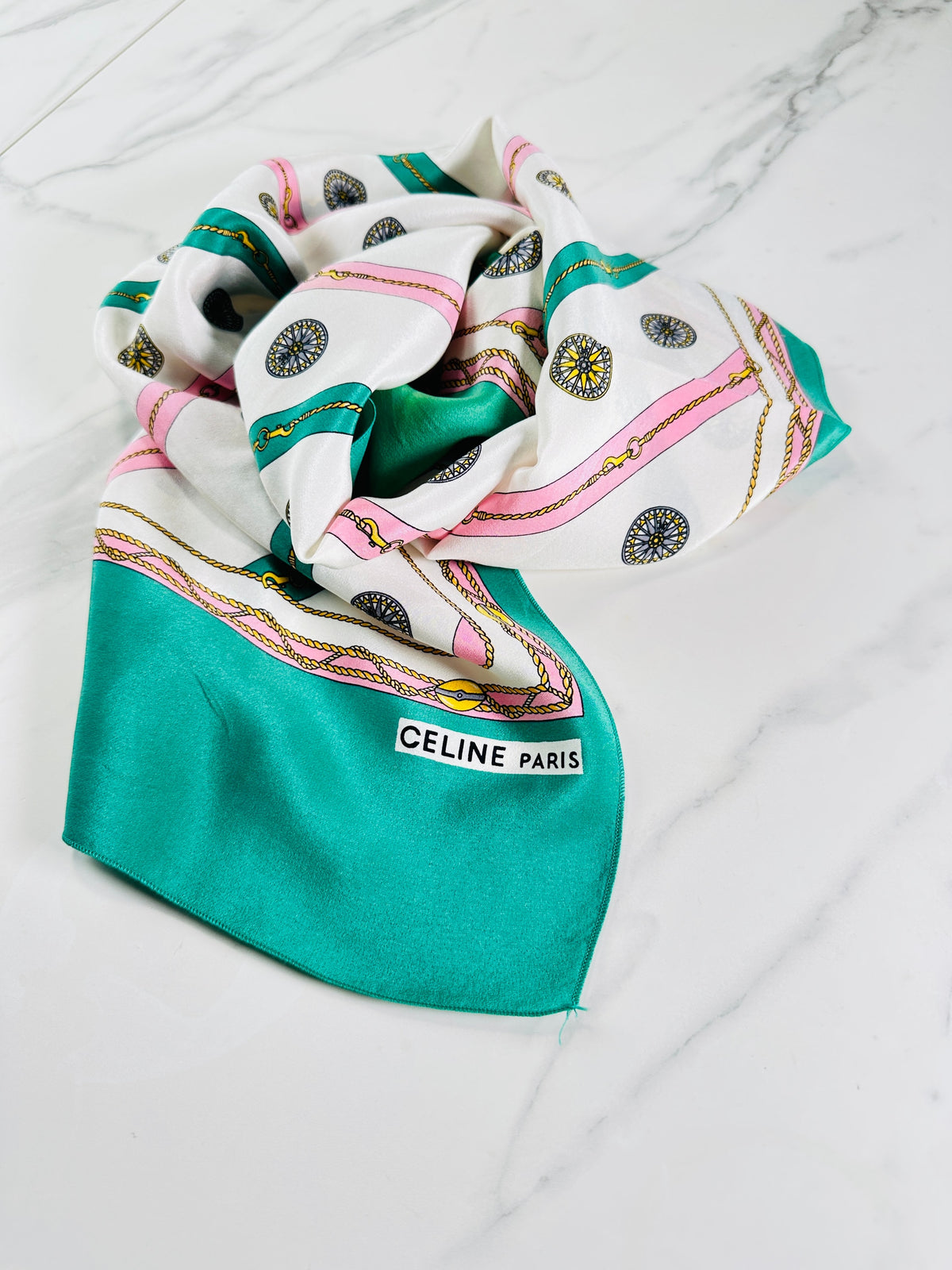 Authentic Céline Silk Scarf in Green and Cream Chain Print