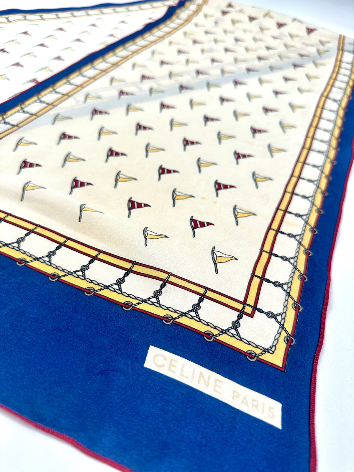 Foulard Céline en soie beige et bleu motif marin vintage authentique