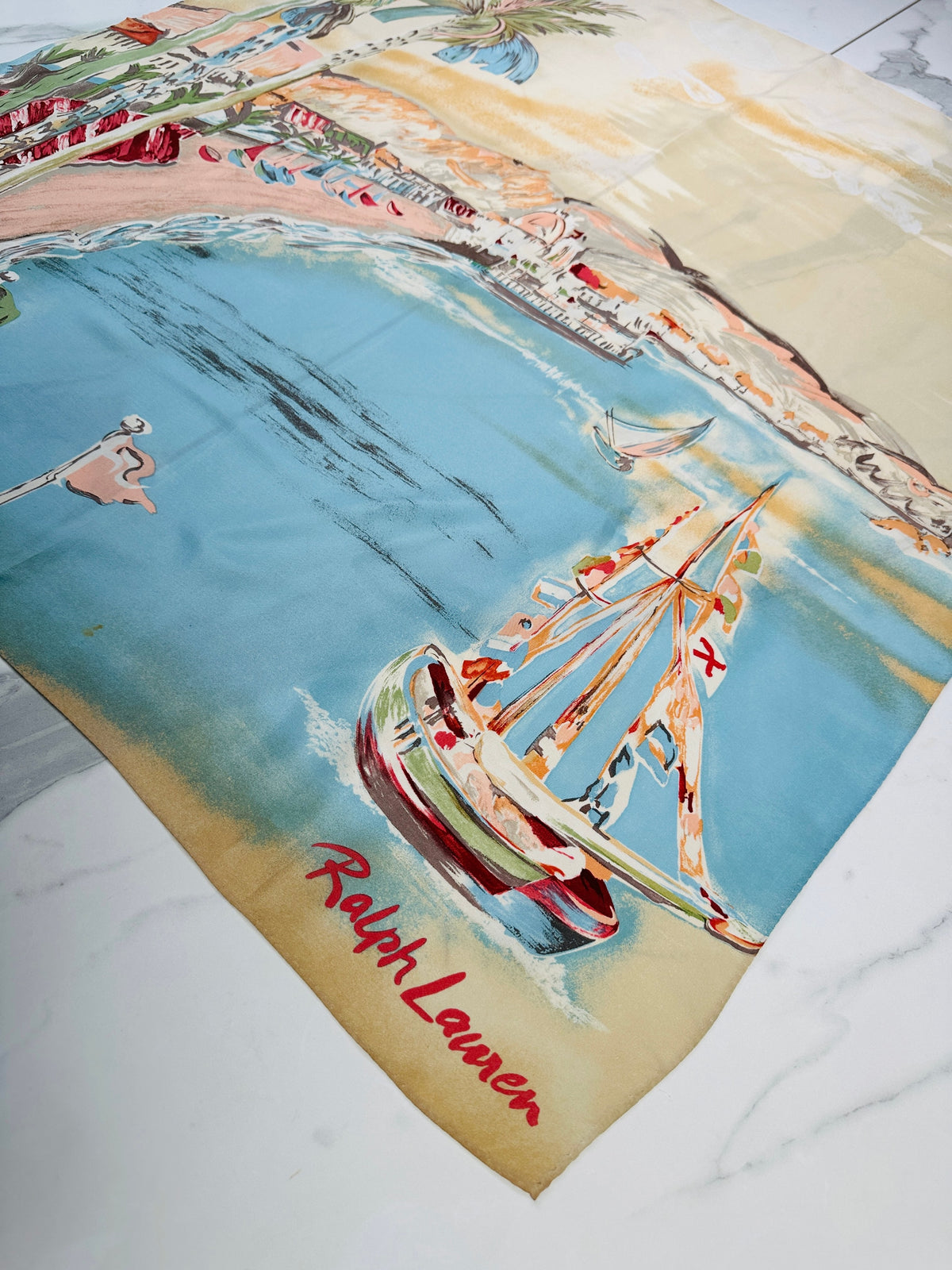 Foulard en soie vintage authentique motif côtier azur et beige par Ralph Lauren