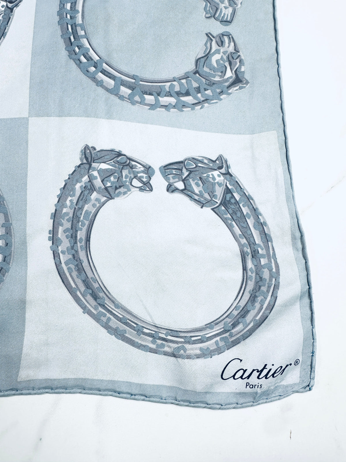 Authentic vintage silk scarf Cartier blue and grey panther motif