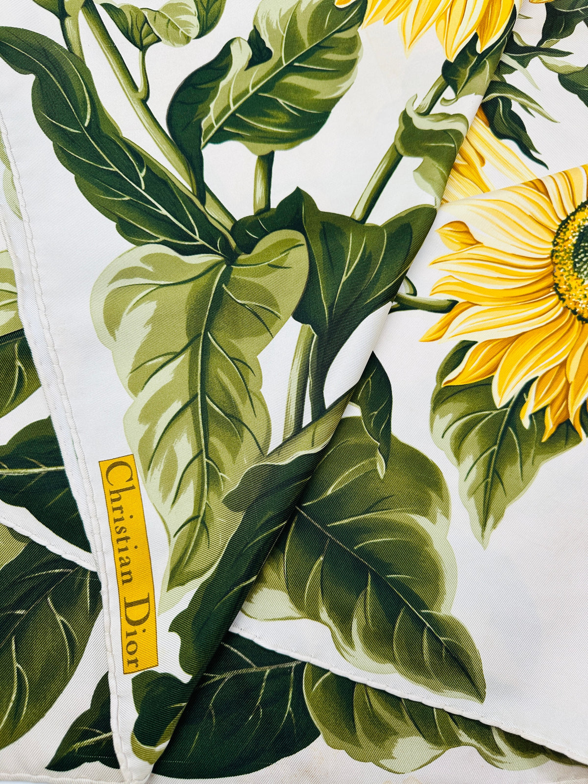 Grand foulard Christian Dior en ivoire et vert avec motif tournesol vintage Authentique