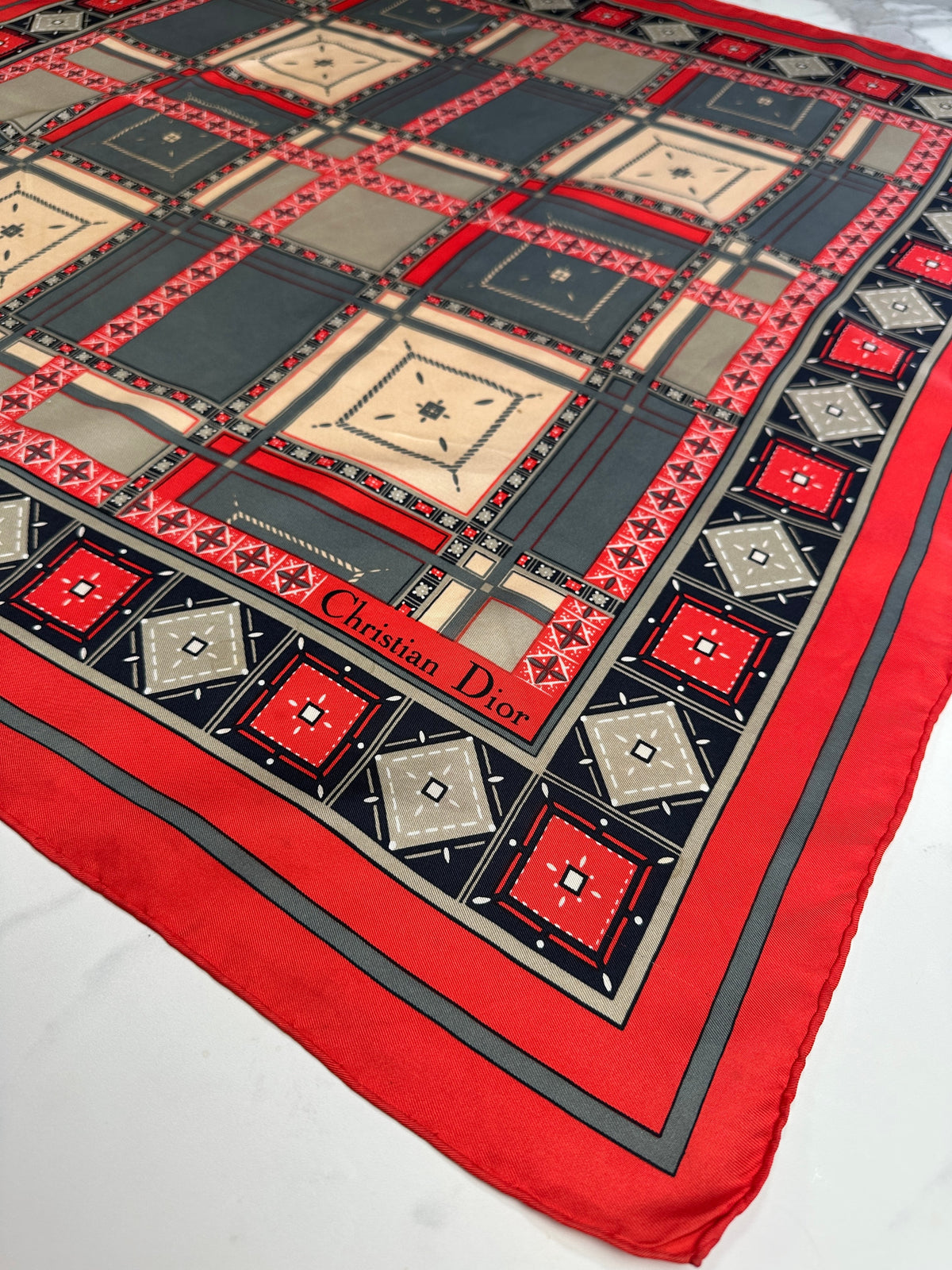 Authentic vintage red and beige geometric silk scarf Christian Dior