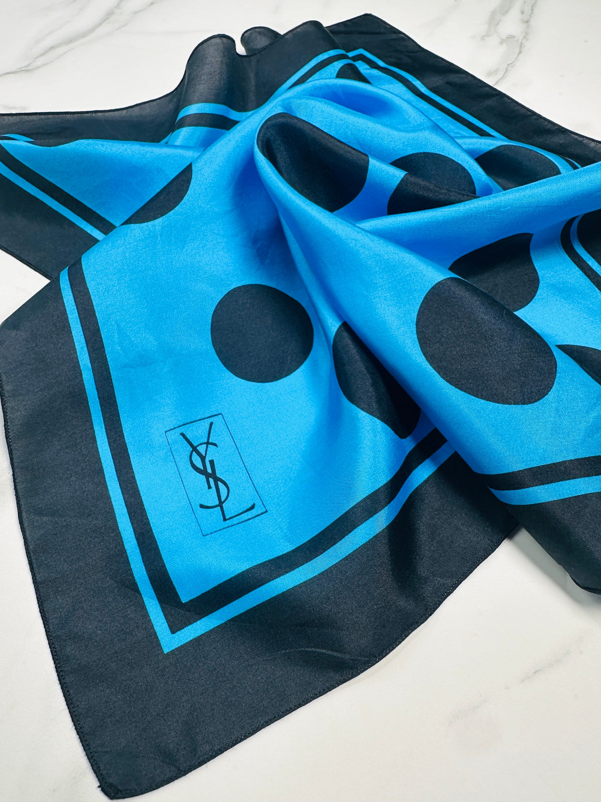 Small silk scarf Yves Saint Laurent blue and black with authentic vintage polka dot pattern