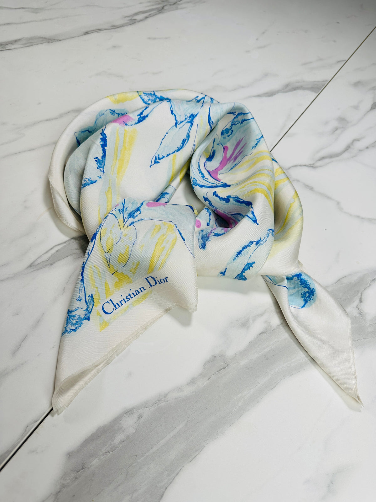 Carré Christian Dior en soie ivoire et bleu motif iris vintage authentique