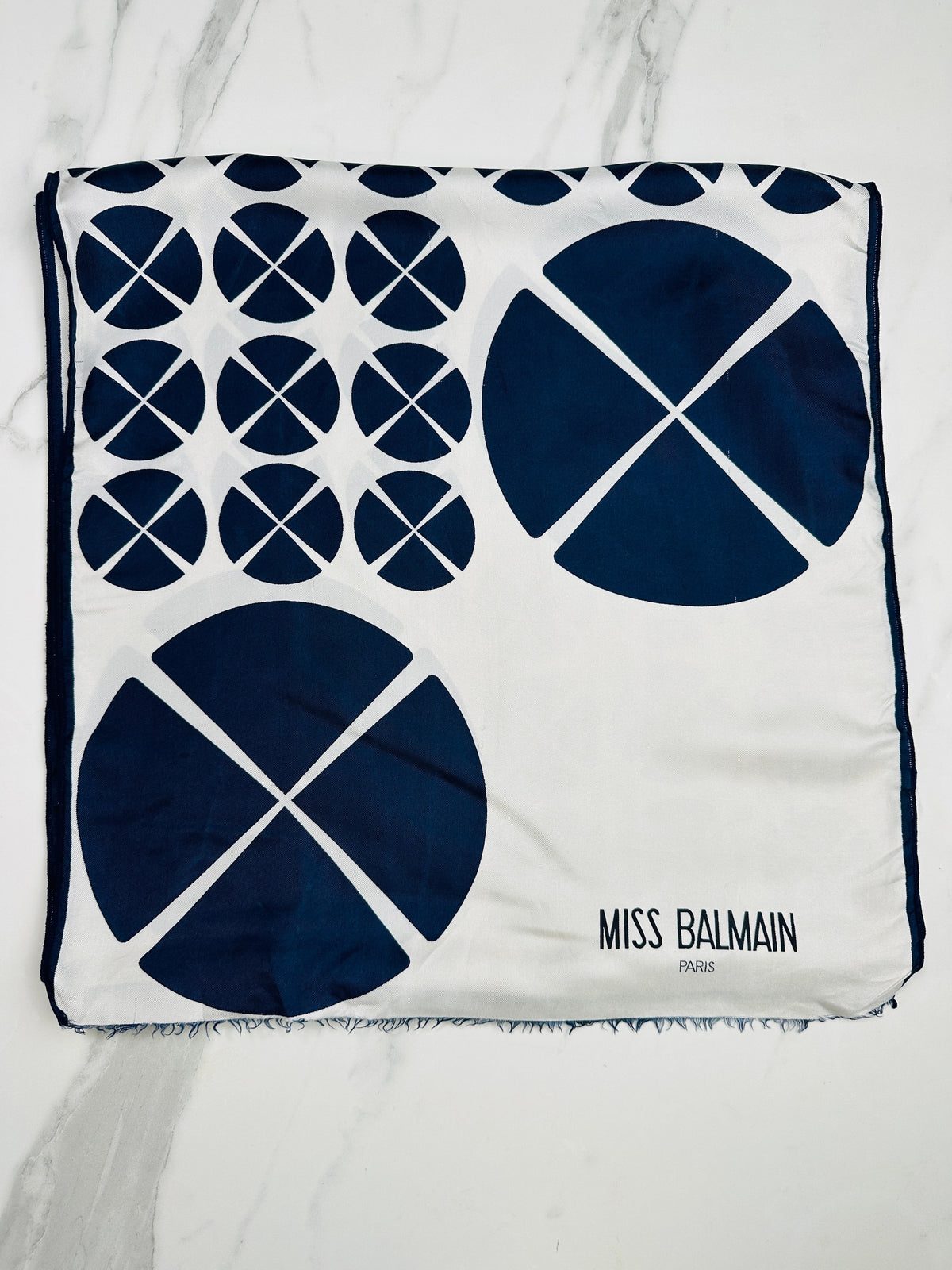 Miss Balmain Silk Scarf in Navy Blue and Cream with Authentic Vintage Geometric Pattern