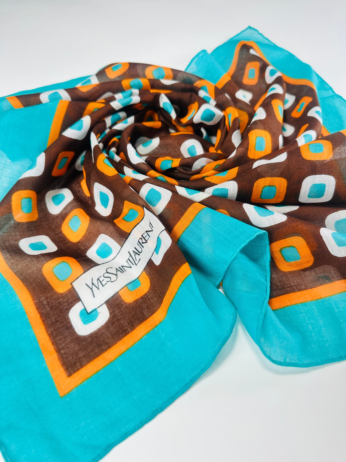 Silk Scarf Yves Saint Laurent in Brown and Turquoise with Vintage Geometric Pattern