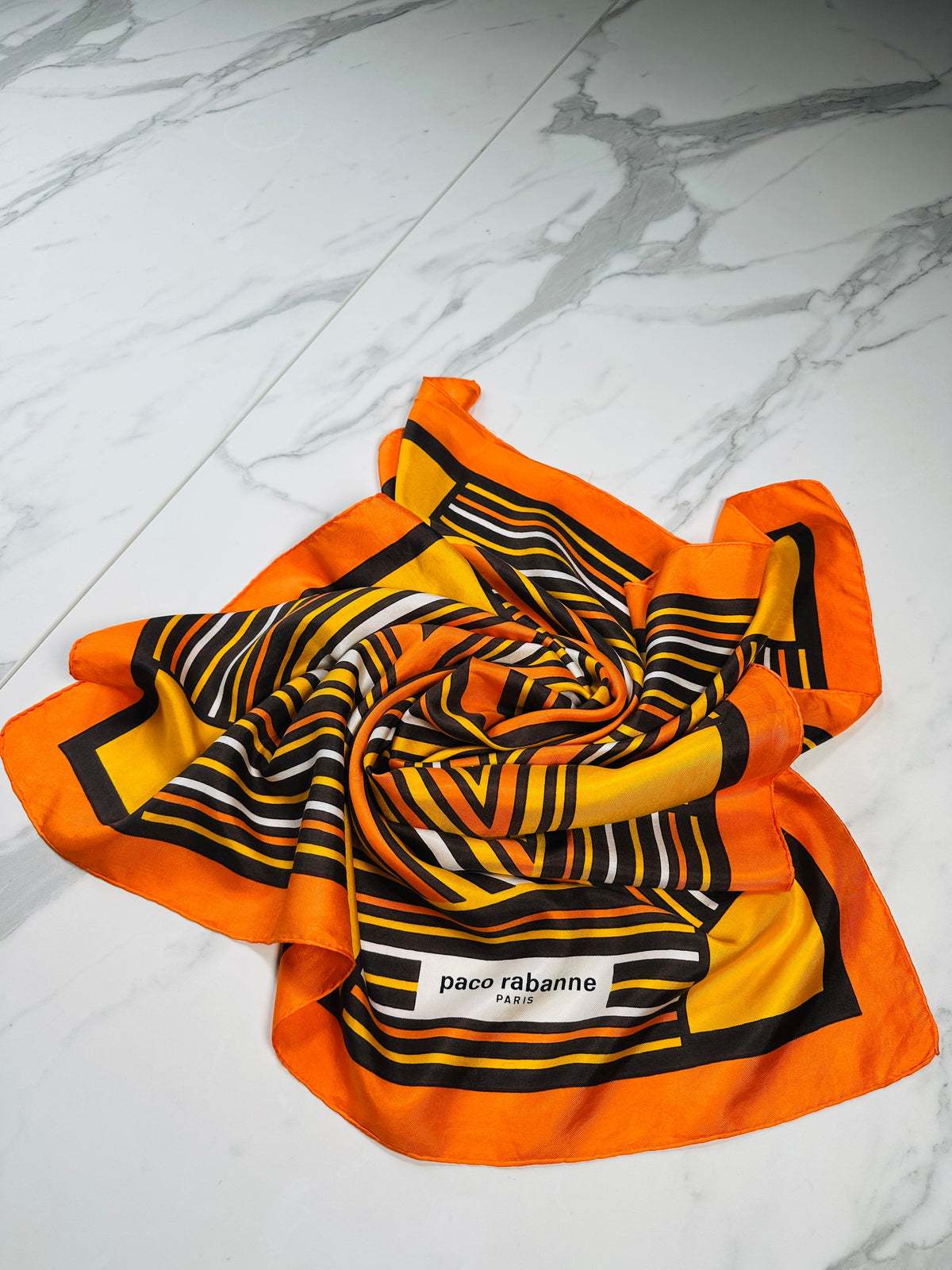 Authentic vintage orange and yellow geometric pattern silk scarf by Paco Rabanne