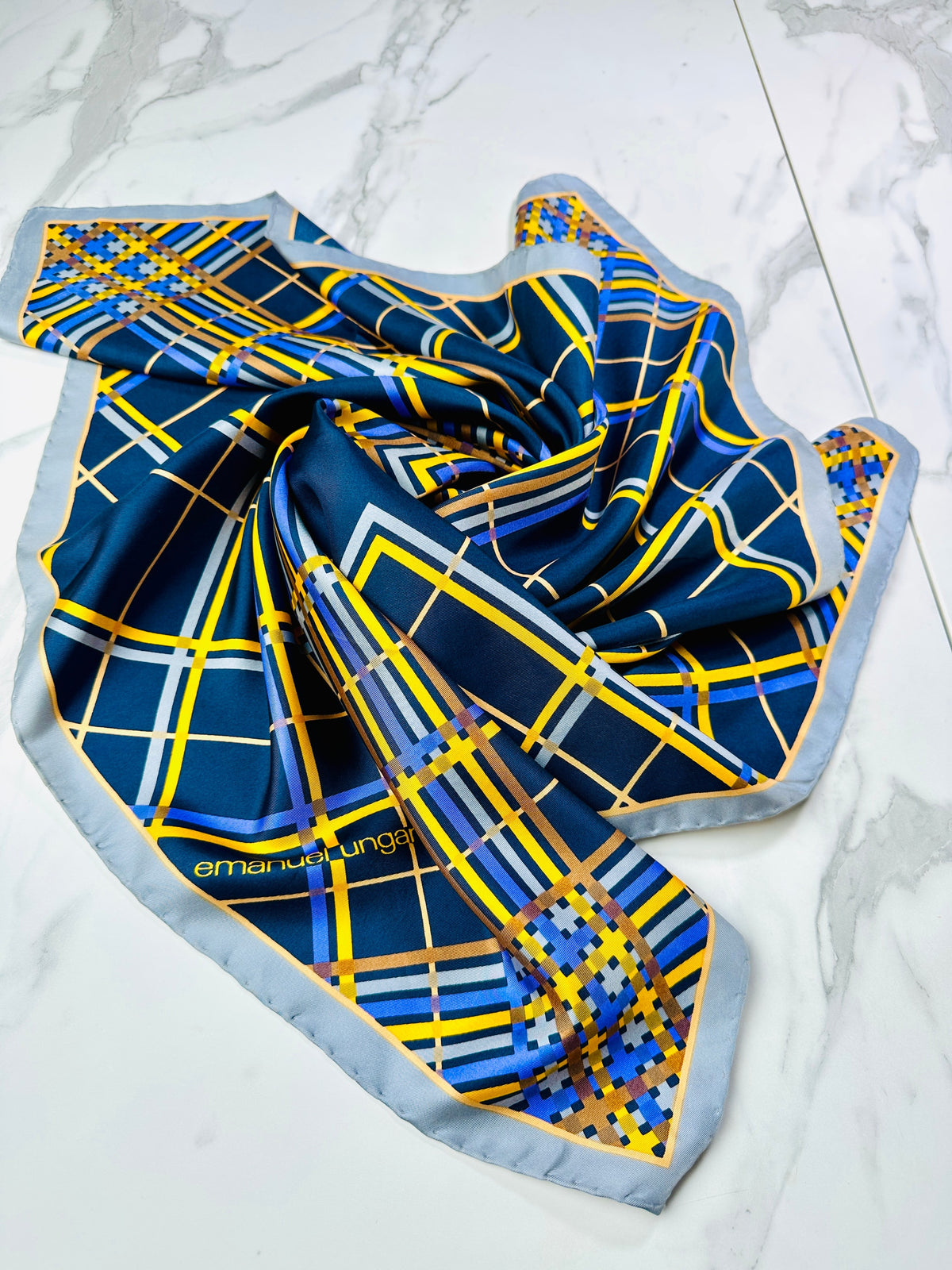 Large silk scarf Emanuel Ungaro navy blue with authentic vintage geometric pattern