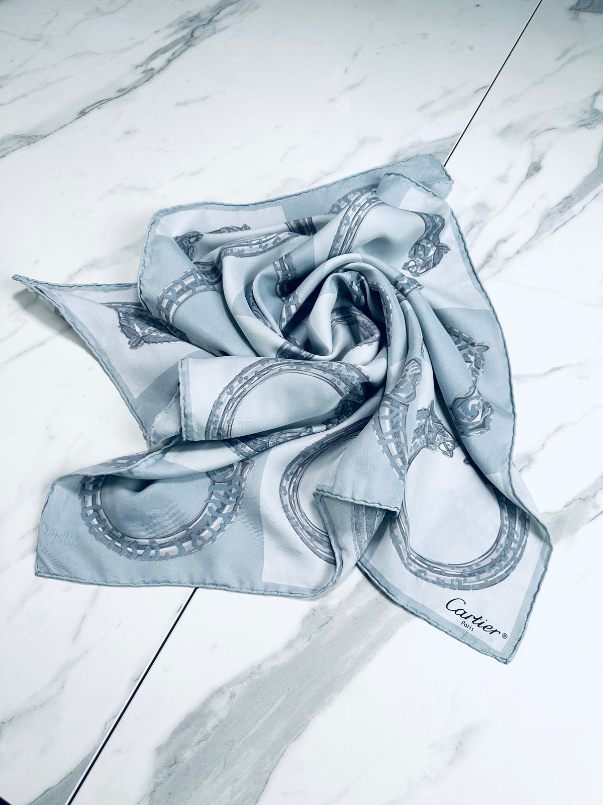 Authentic vintage silk scarf Cartier blue and grey panther motif