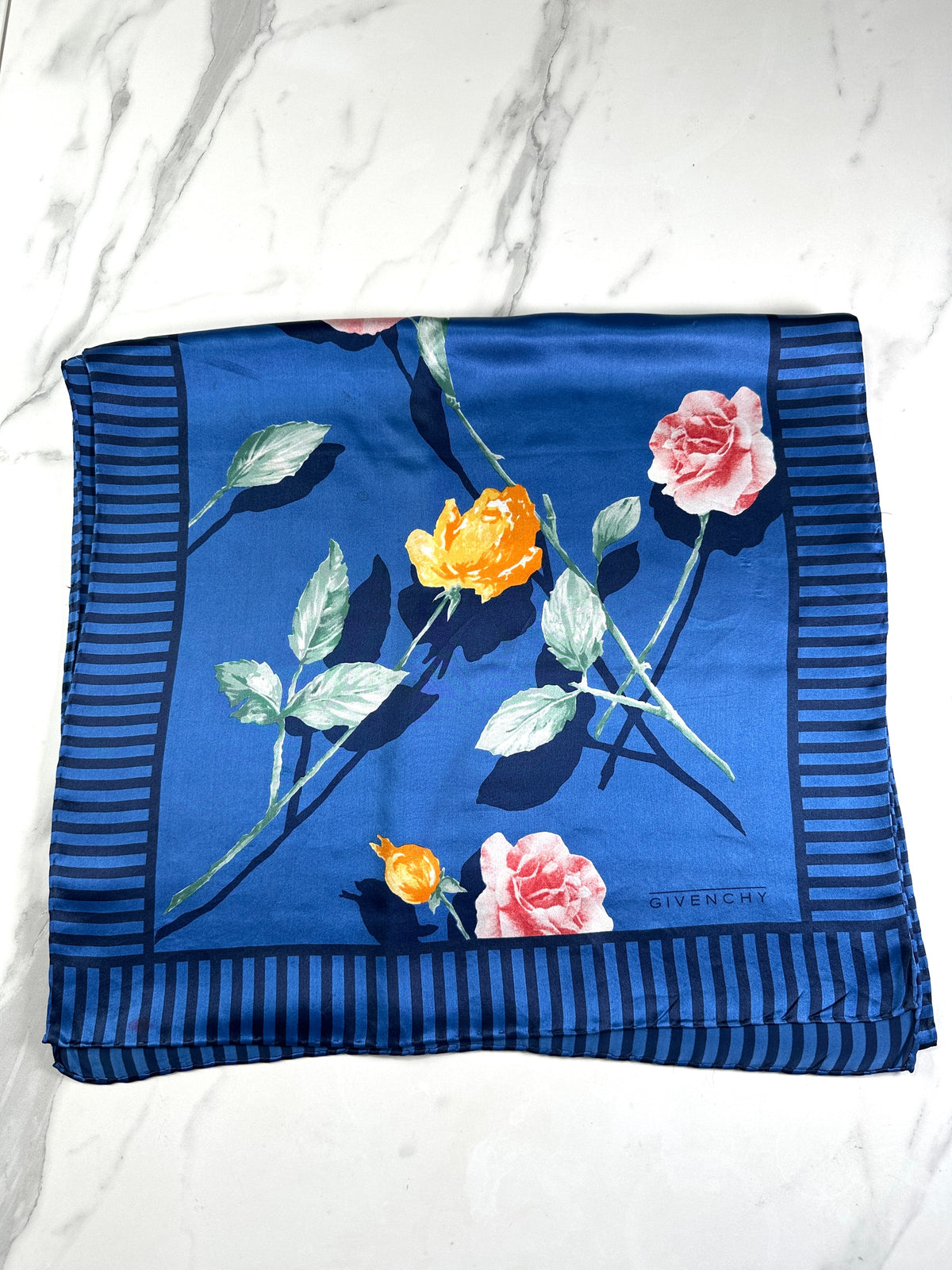 Givenchy Silk Scarf in Blue and Pink Floral Vintage Authentic