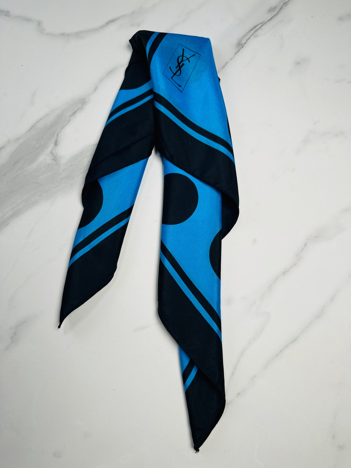 Small silk scarf Yves Saint Laurent blue and black with authentic vintage polka dot pattern