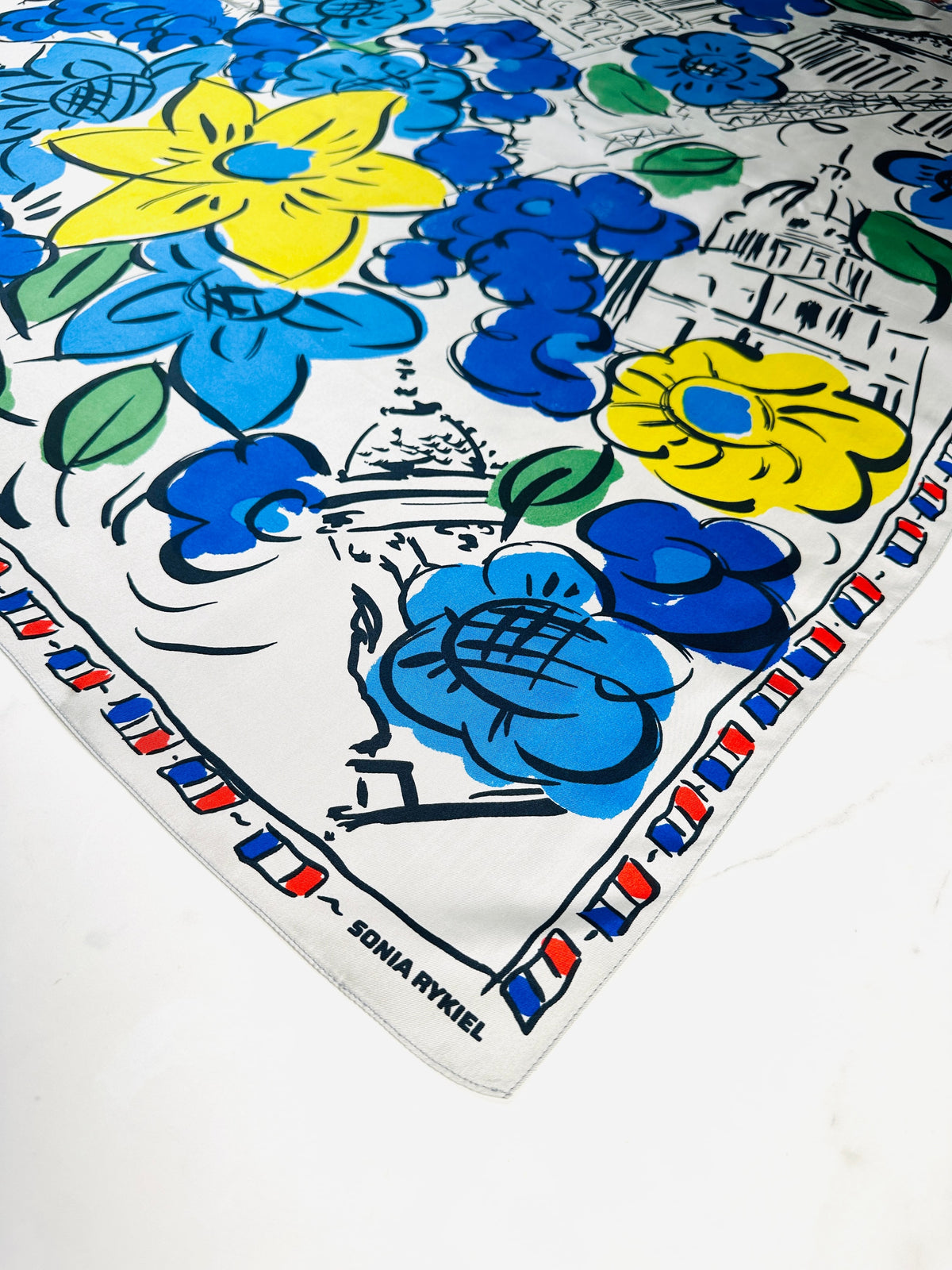 Large silk scarf Sonia Rykiel white and blue vintage floral pattern authentic