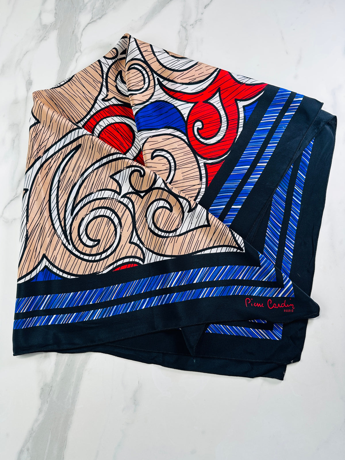 Large square Pierre Cardin in blue and red with authentic vintage abstract pattern