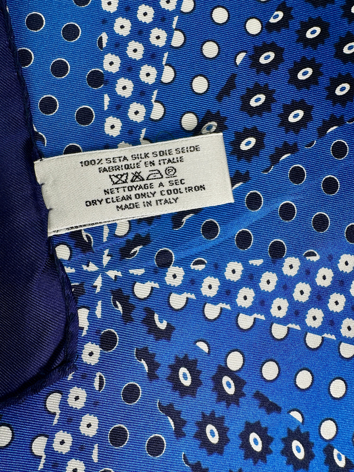 Authentic Vintage YSL Silk Scarf in Dark Blue and White Geometric Pattern