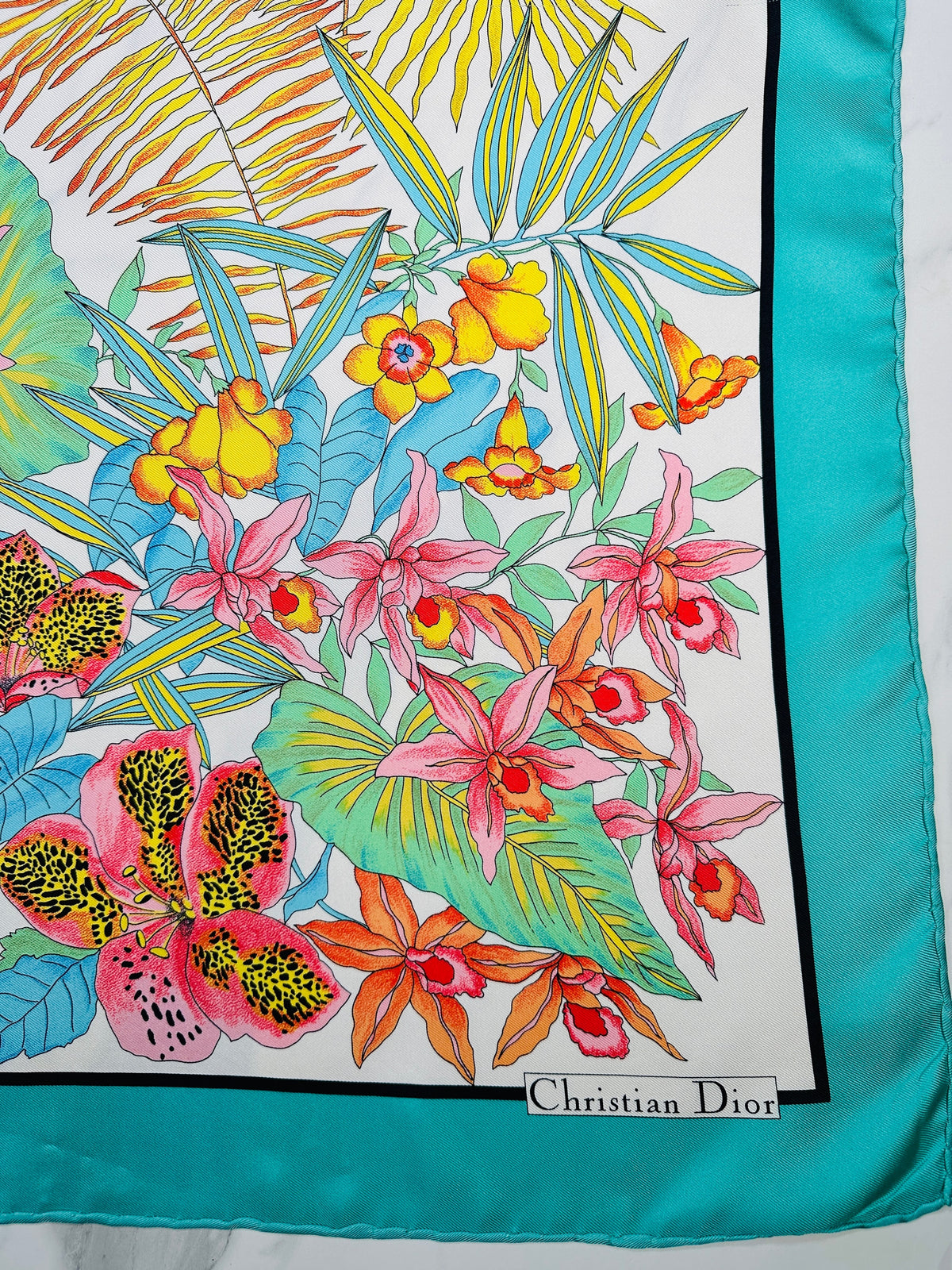 Grand foulard en soie Christian Dior turquoise et ivoire avec motif floral vintage authentique