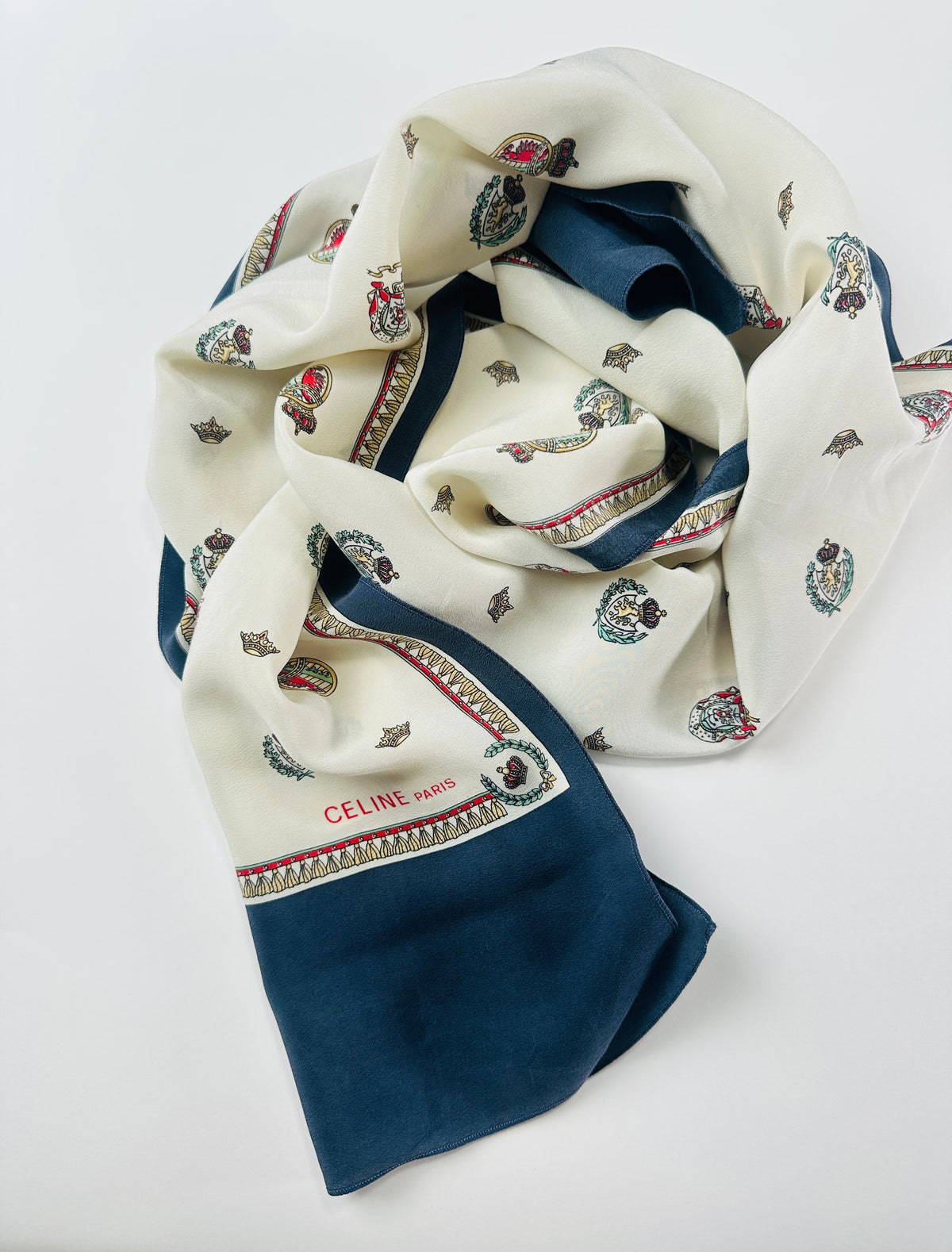 Silk scarf Céline in cream and navy with authentic vintage coat of arms pattern