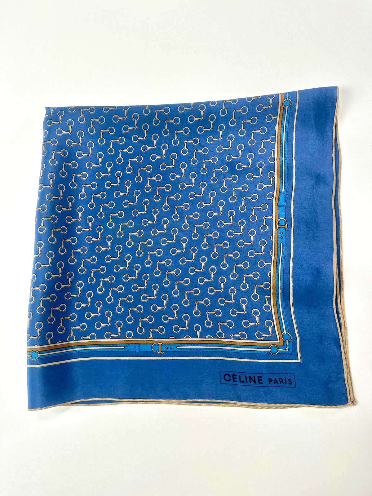 Silk Scarf Céline in Blue and Gold Vintage Equestrian Pattern