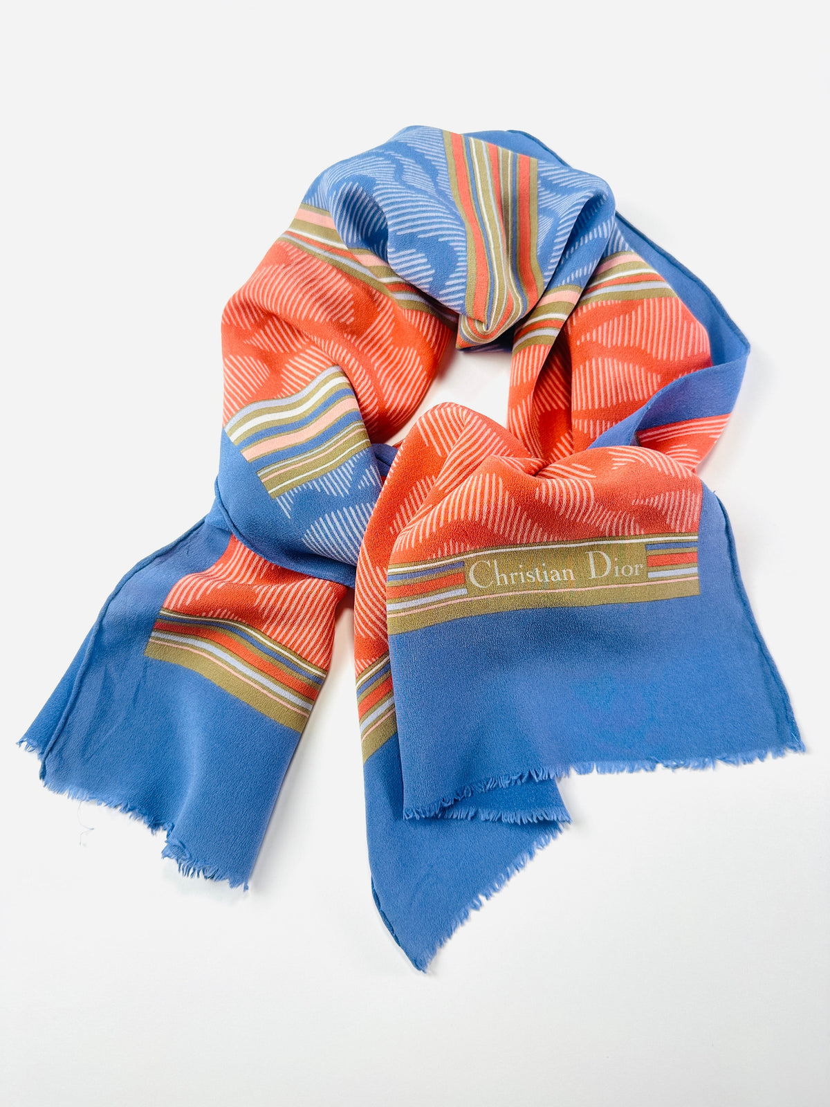 Foulard Christian Dior en soie bleu et orange motif abstrait japonais vintage authentique