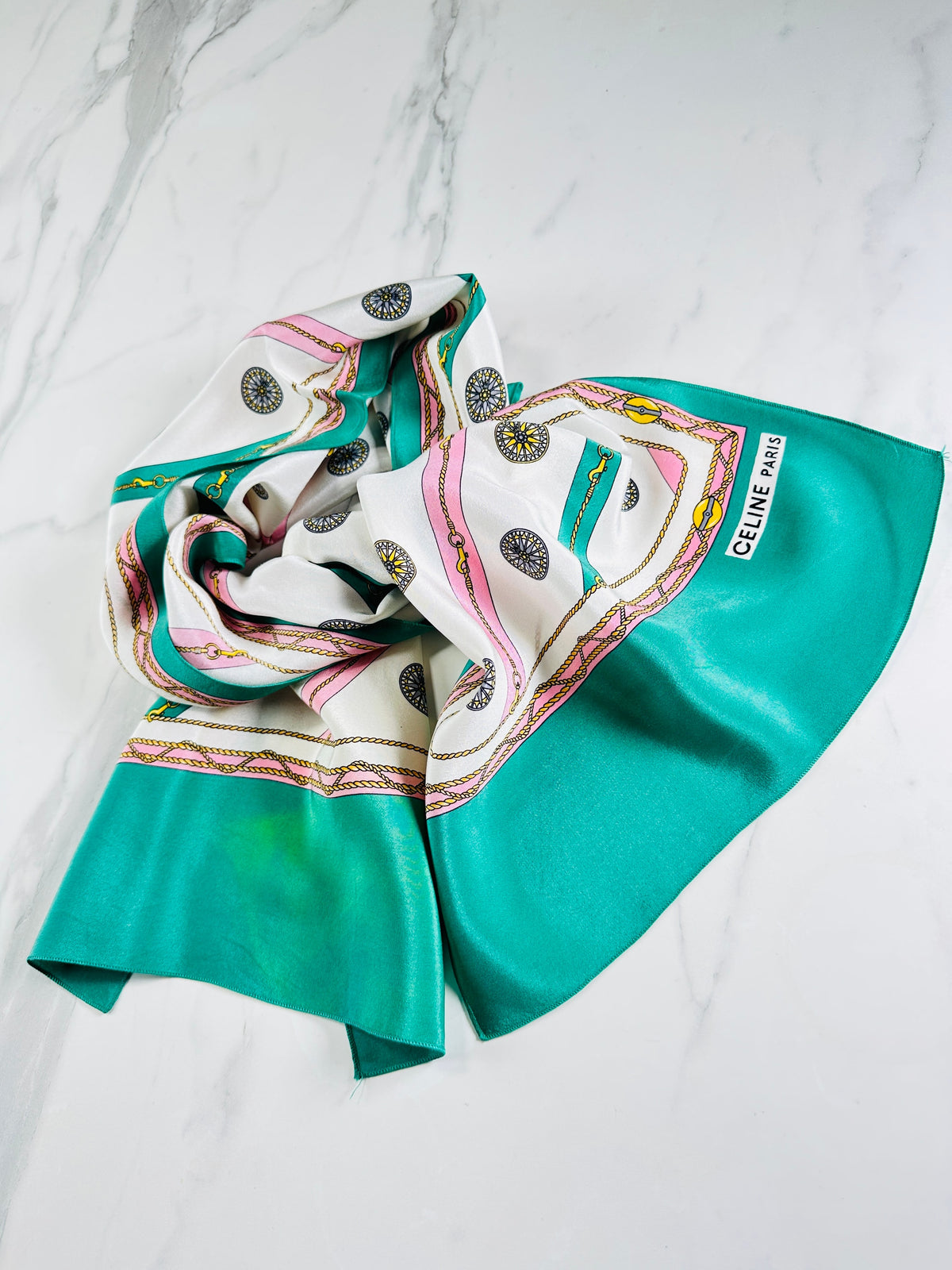 Authentic Céline Silk Scarf in Green and Cream Chain Print