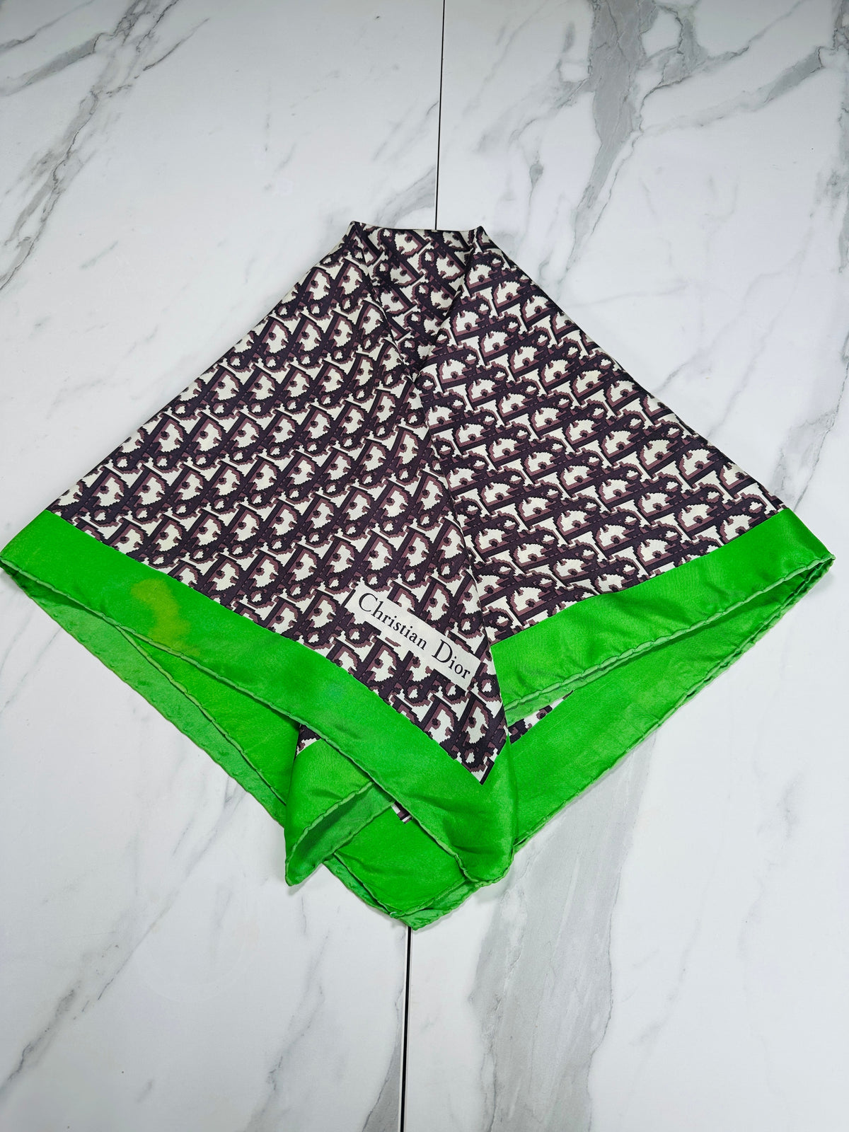 Christian Dior Silk Satin Square in Green and Black Vintage Geometric Pattern
