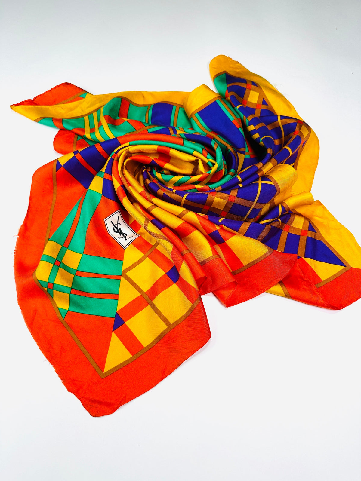 Large Silk Scarf Yves Saint Laurent in Yellow and Red Vintage Geometric Pattern