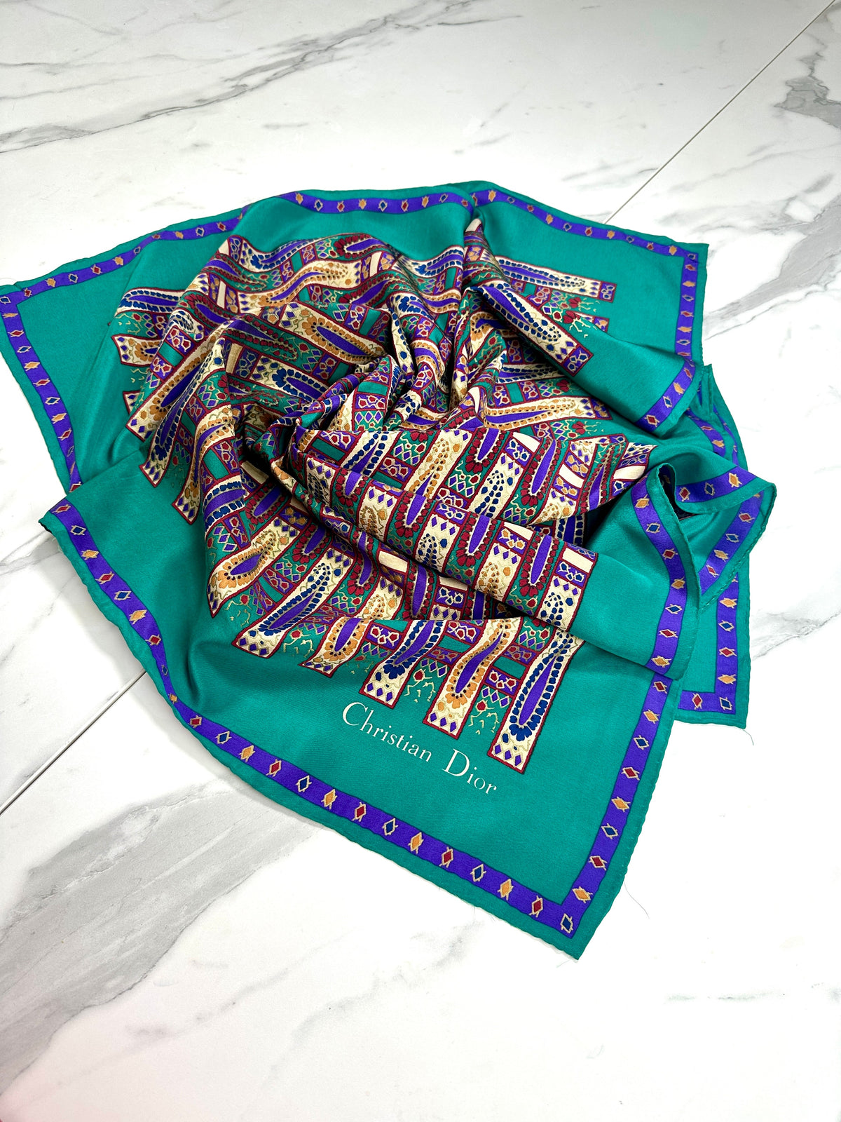 Christian Dior Silk Scarf in Emerald Green and Purple Vintage Geometric Pattern