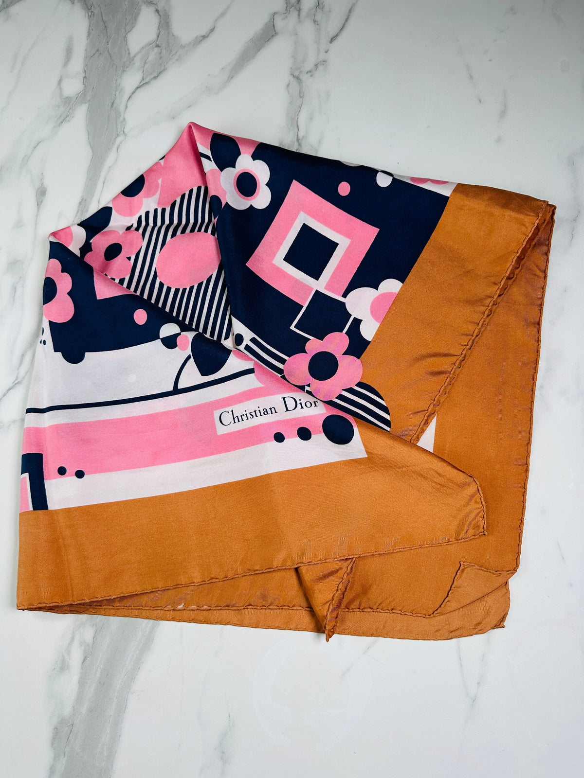 Foulard en soie vintage authentique Christian Dior à motif floral bronze, rose et bleu