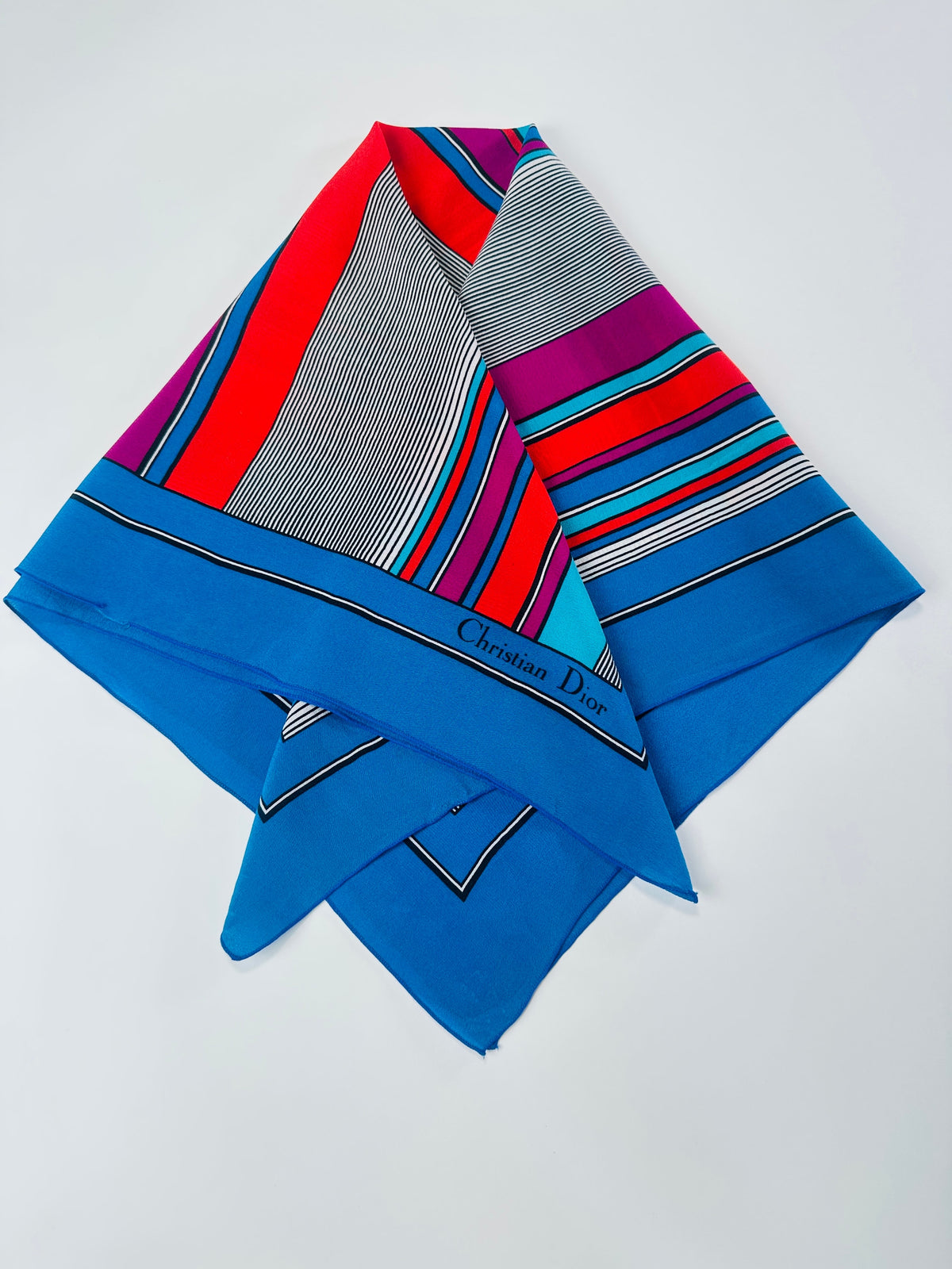 Silk scarf Christian Dior in blue and fuchsia vintage stripes authentic