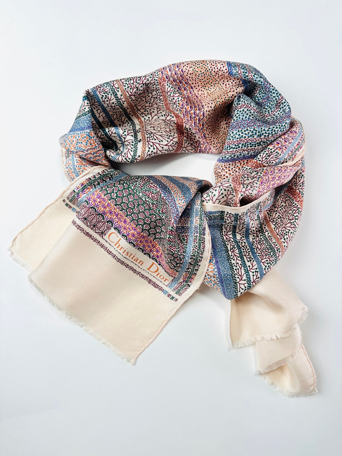 Foulard Christian Dior en soie rose et crème motif floral japonais vintage authentique