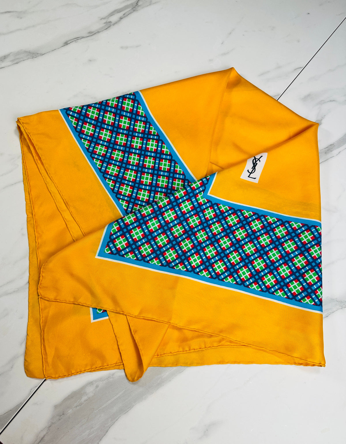 Authentic Vintage Yves Saint Laurent Silk Scarf with Geometric Pattern in Yellow and Blue