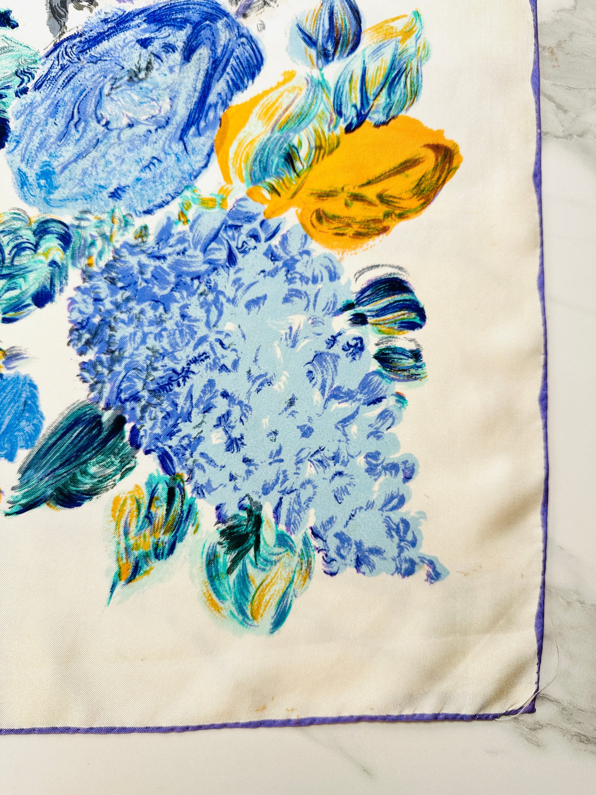 Authentic Vintage Silk Scarf Pierre Balmain Cream and Blue with Floral Pattern
