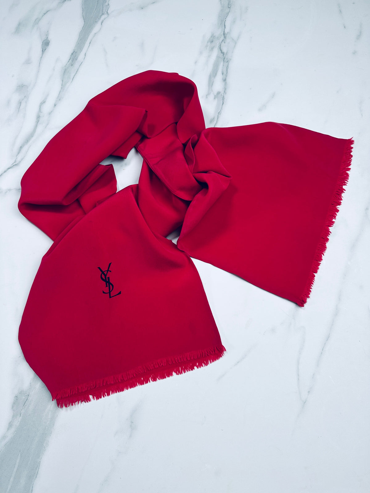Authentic Vintage Yves Saint Laurent Raspberry Silk Scarf with Logo Pattern