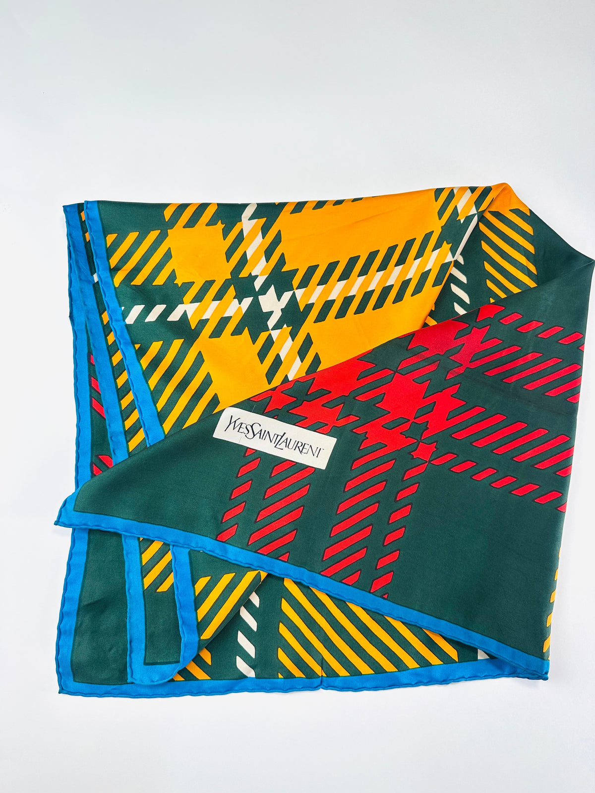 Silk Scarf Yves Saint Laurent in Green and Orange Authentic Vintage Tartan Pattern