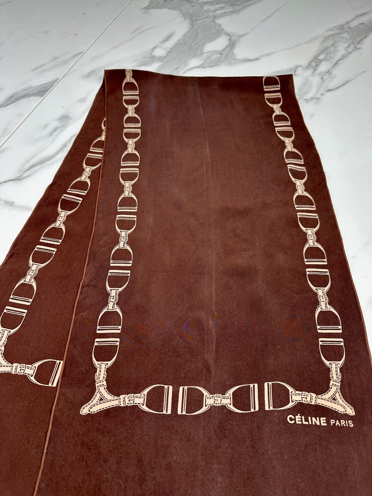Céline Vintage Authentic Silk Scarf Equestrian Pattern Brown and Beige