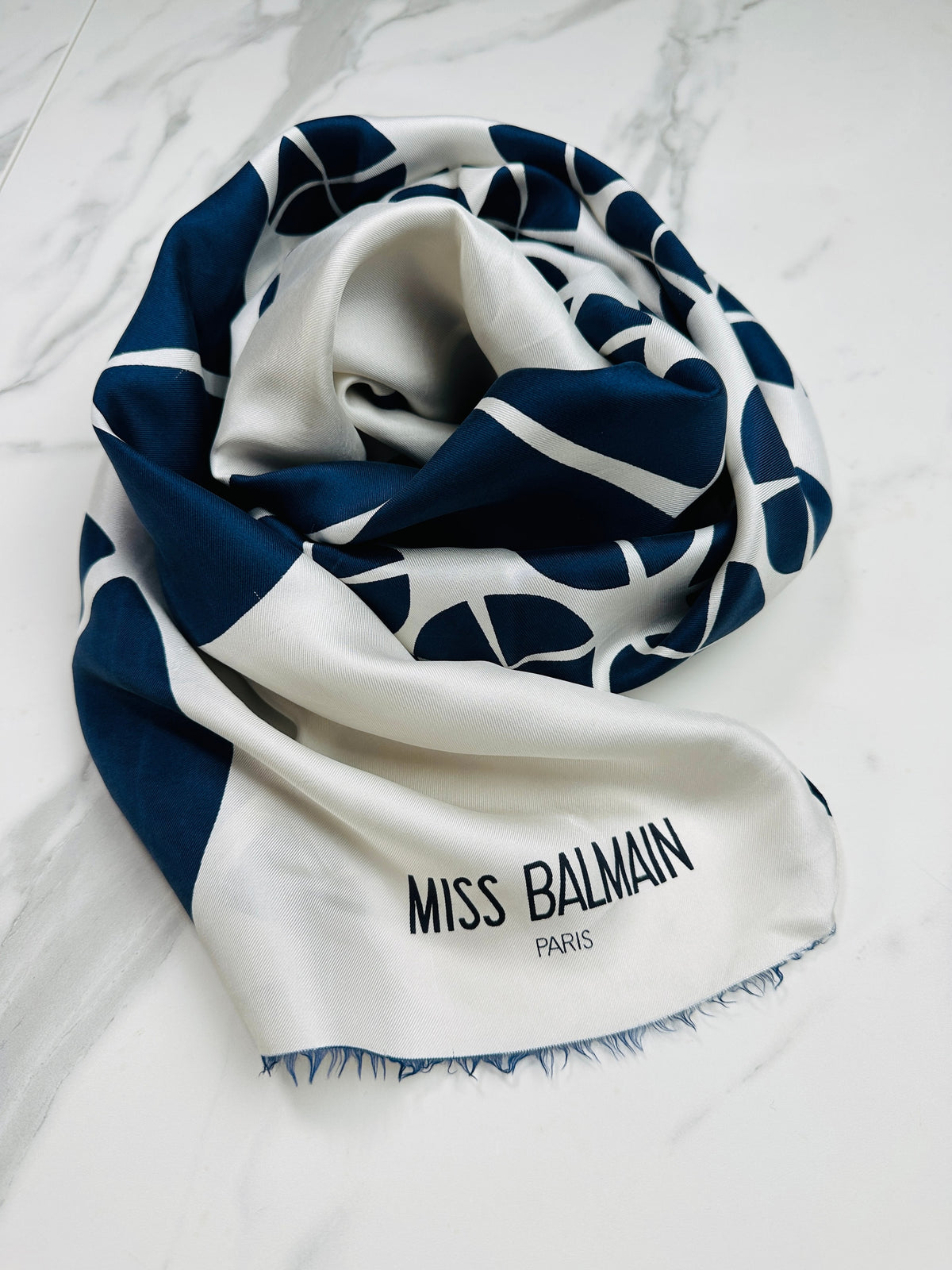 Miss Balmain Silk Scarf in Navy Blue and Cream with Authentic Vintage Geometric Pattern