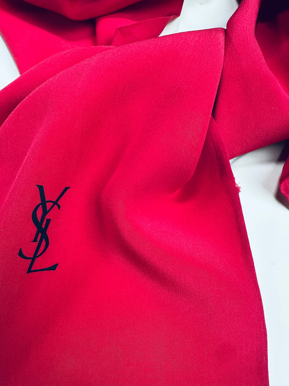 Authentic Vintage Yves Saint Laurent Raspberry Silk Scarf with Logo Pattern